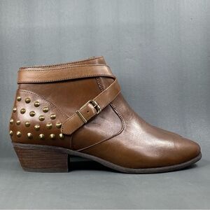 NURTURE Flint BROWN LEATHER Brass Rivets Zip ANKLE Booties womens size 10